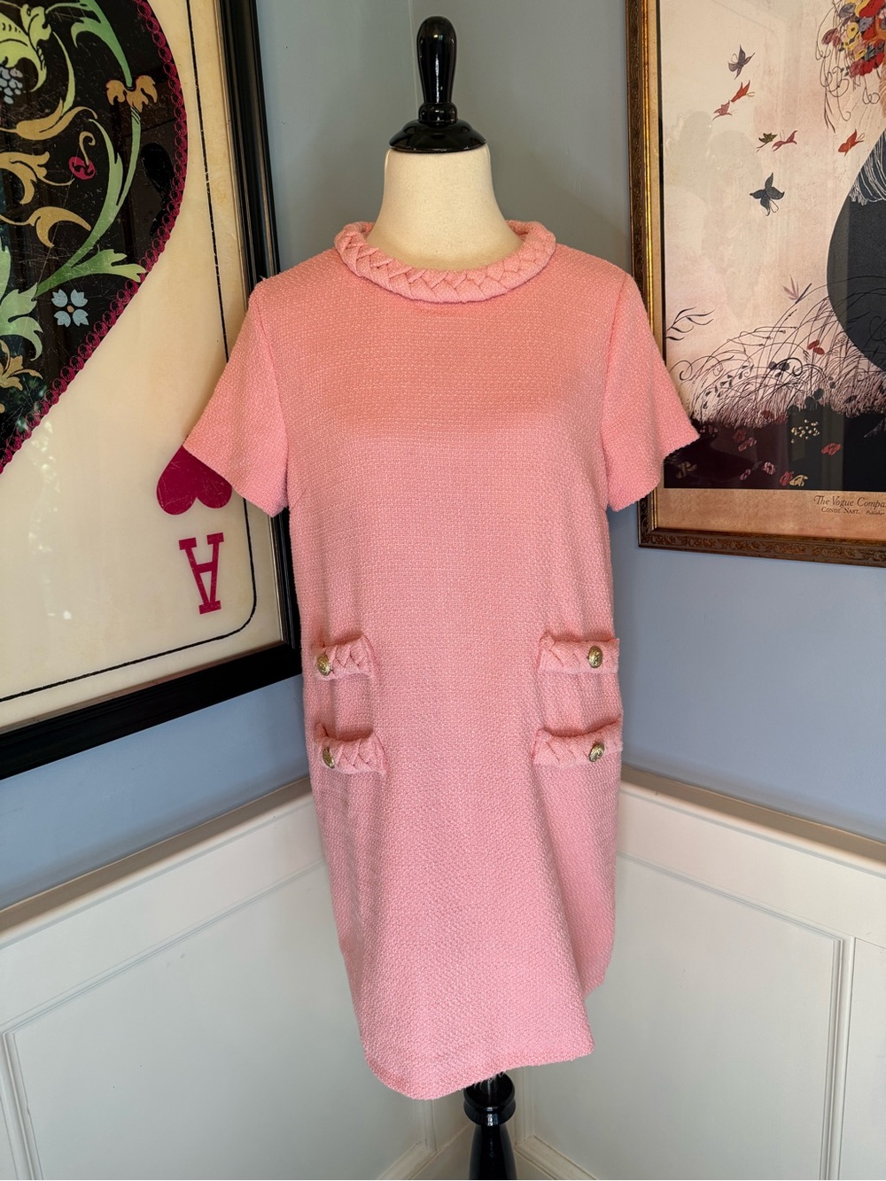 Retro Vintage Style 60s Pink Tweed Jackie O Shift Dress with Braid Details Sz M